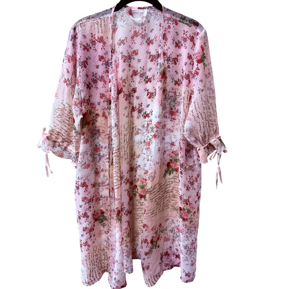 Womens Sheer Floral Kimono Duster Top Pink Boho Fairy Coquette Feminine Size M/L